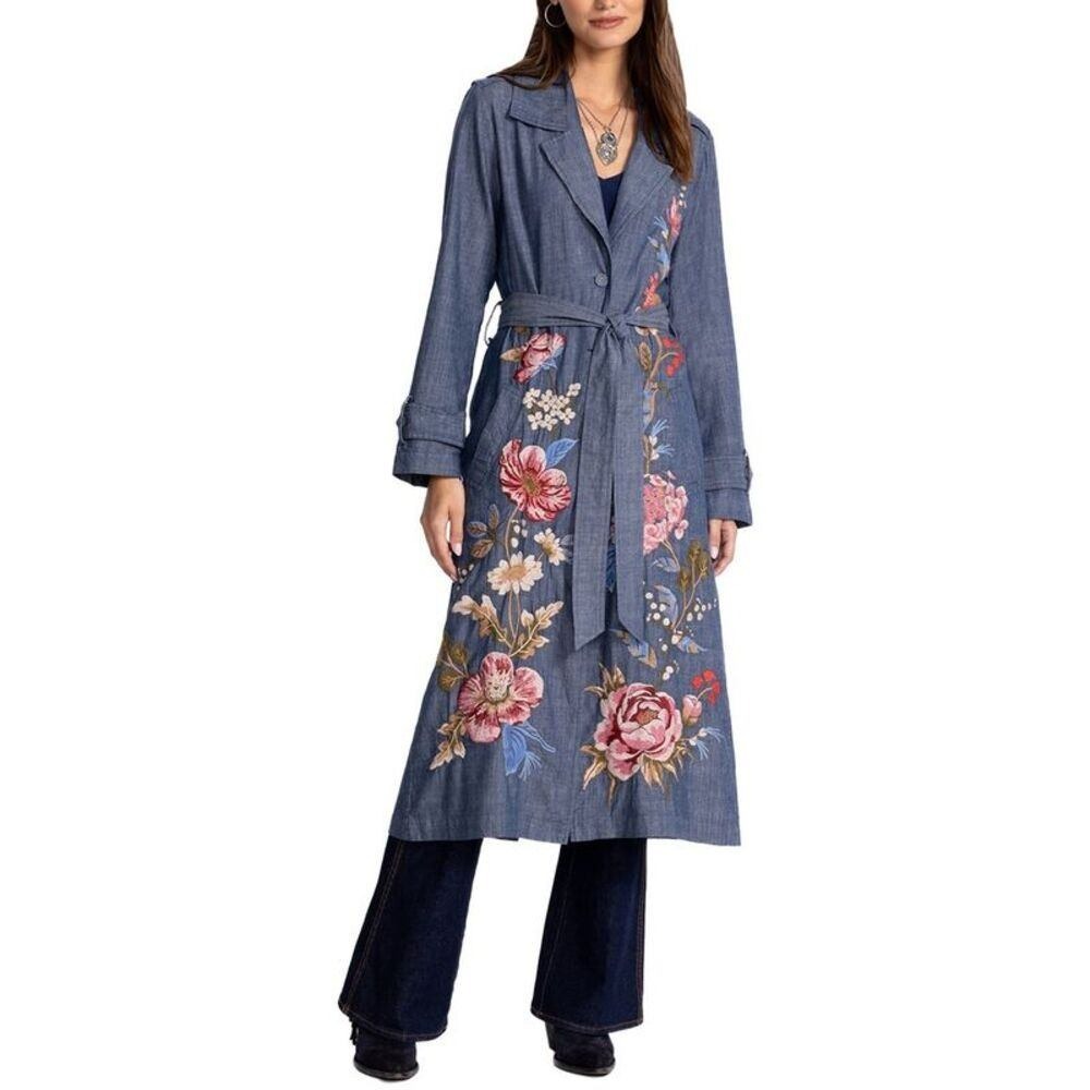 Johnny Was Blue Chambray Floral Embroidered Maxi Trench Duster Coat Boho NWT L
